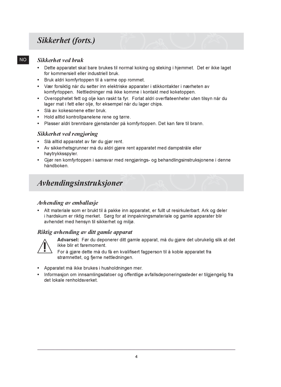 Samsung C61R2AAST/XEE manual Sikkerhet forts, Avhendingsinstruksjoner 