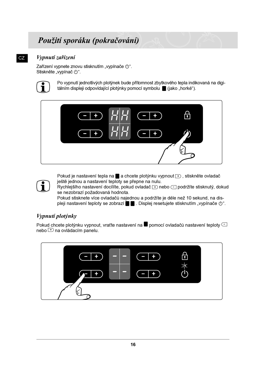 Samsung C61R2AAST/XEH manual CZ Vypnutí zařízení, Vypnutí plotýnky 