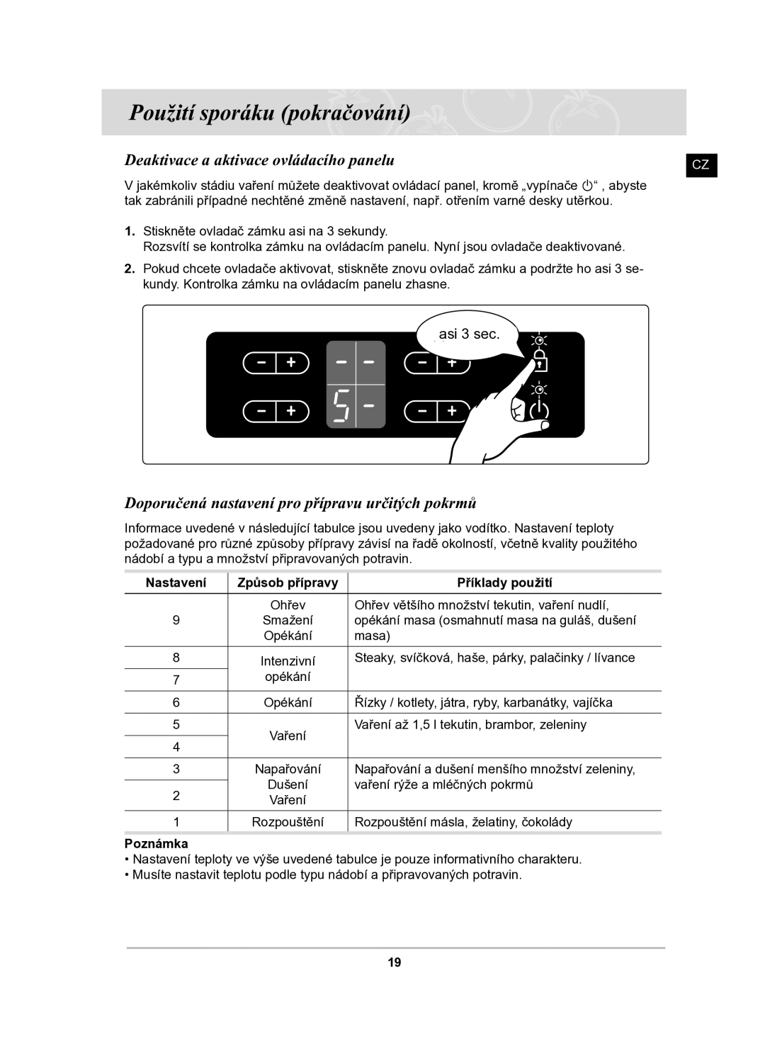 Samsung C61R2AAST/XEH manual Deaktivace a aktivace ovládacího panelu, Doporučená nastavení pro přípravu určitých pokrmů 