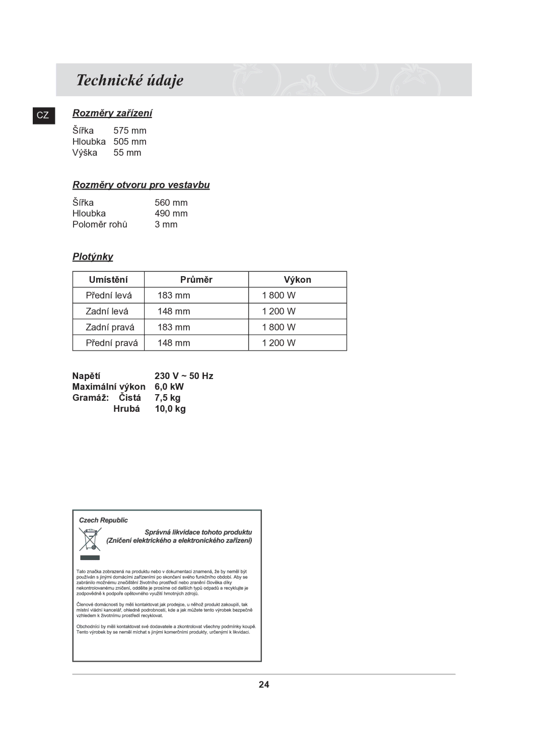 Samsung C61R2AAST/XEH manual Technické údaje, Plotýnky 