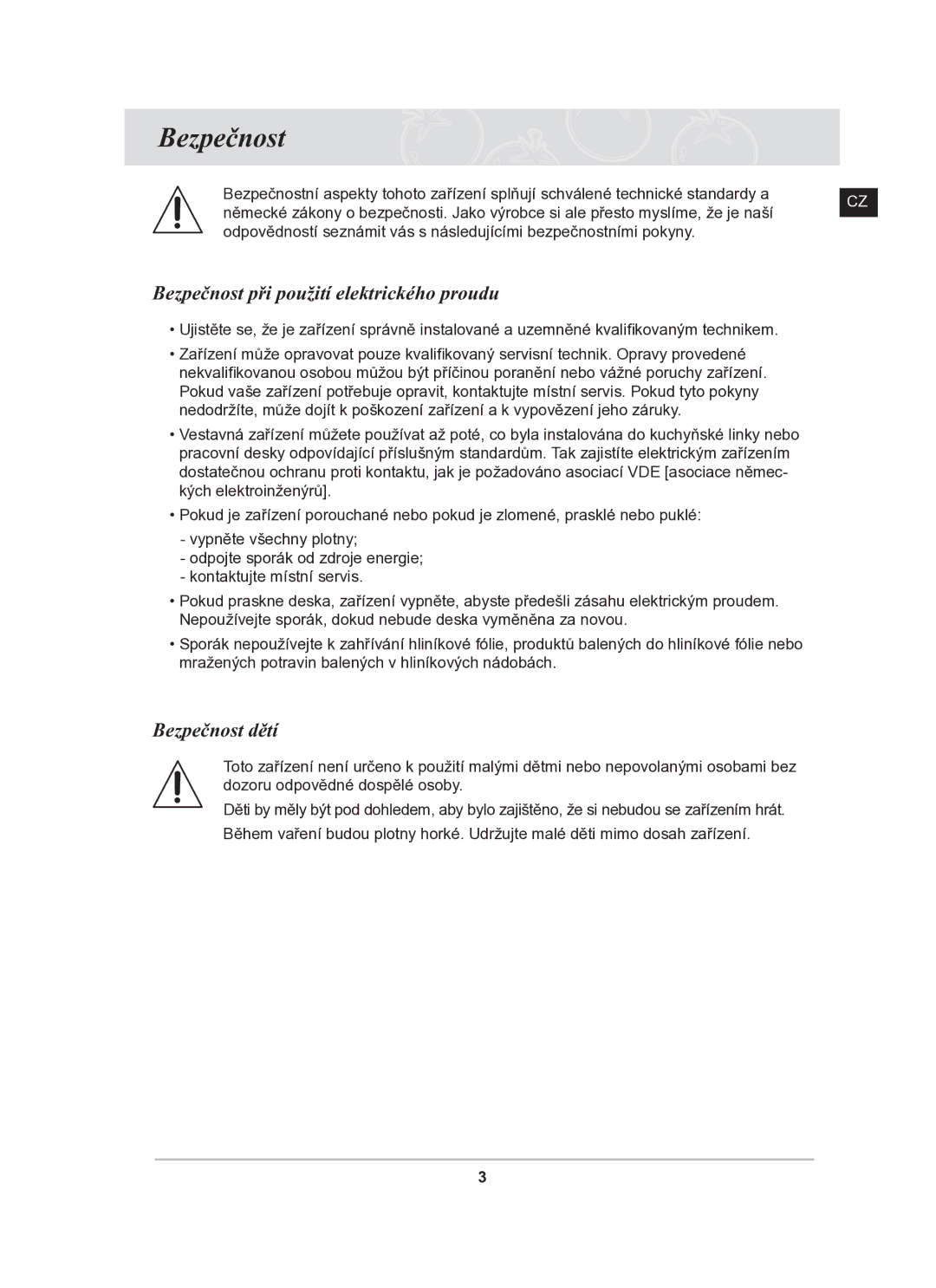 Samsung C61R2AAST/XEH manual Bezpečnost při použití elektrického proudu, Bezpečnost dětí 