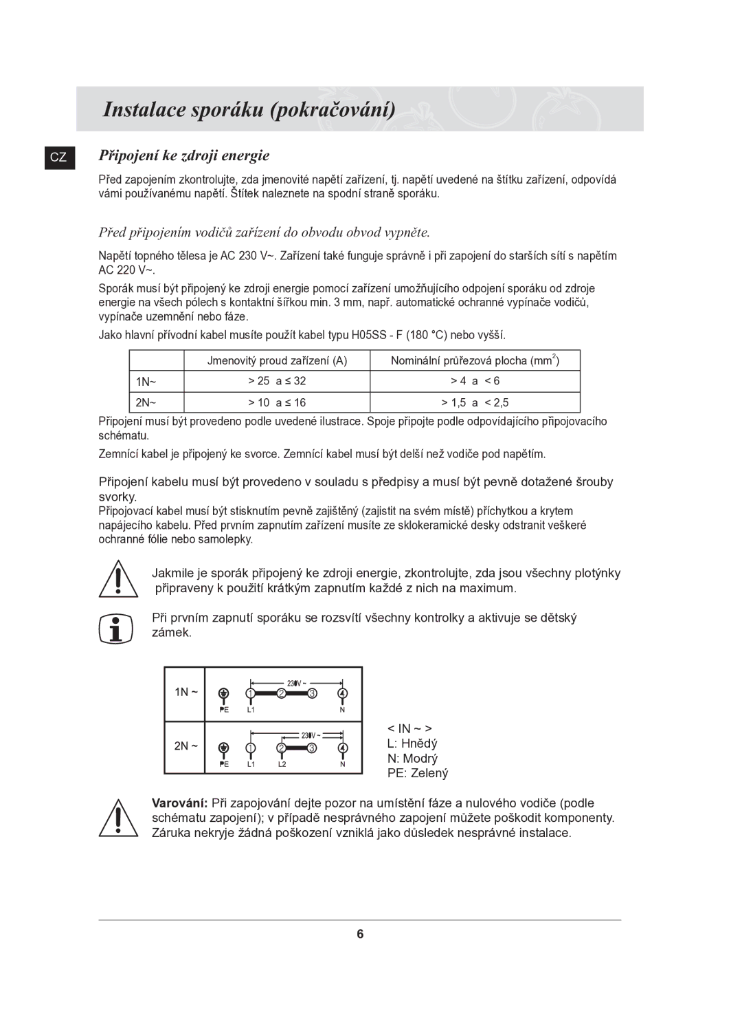 Samsung C61R2AAST/XEH manual Instalace sporáku pokračování, CZ Připojení ke zdroji energie 