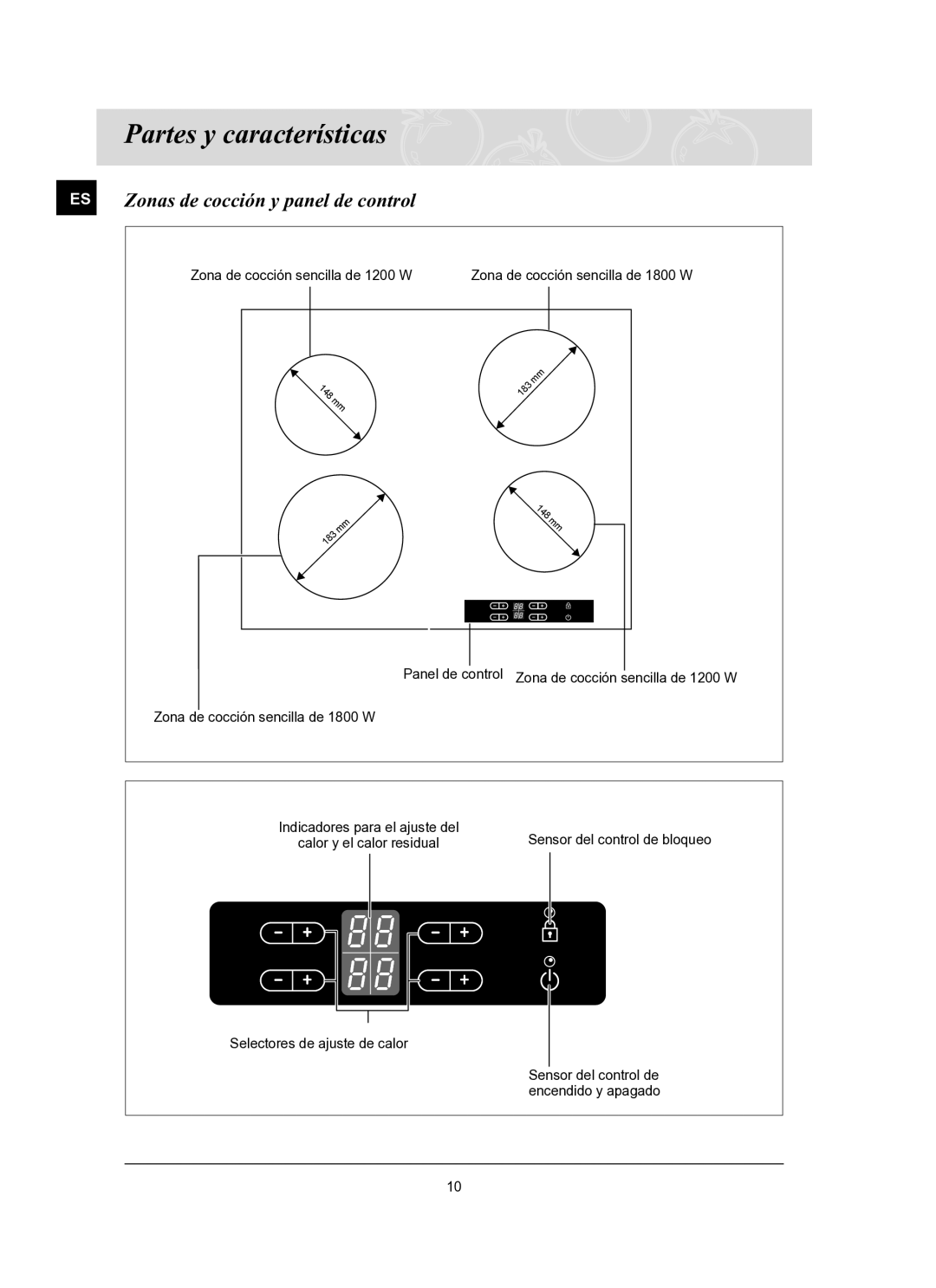 Samsung C61R2ACN/XEC manual Partes y características, Zonas de cocción y panel de control 