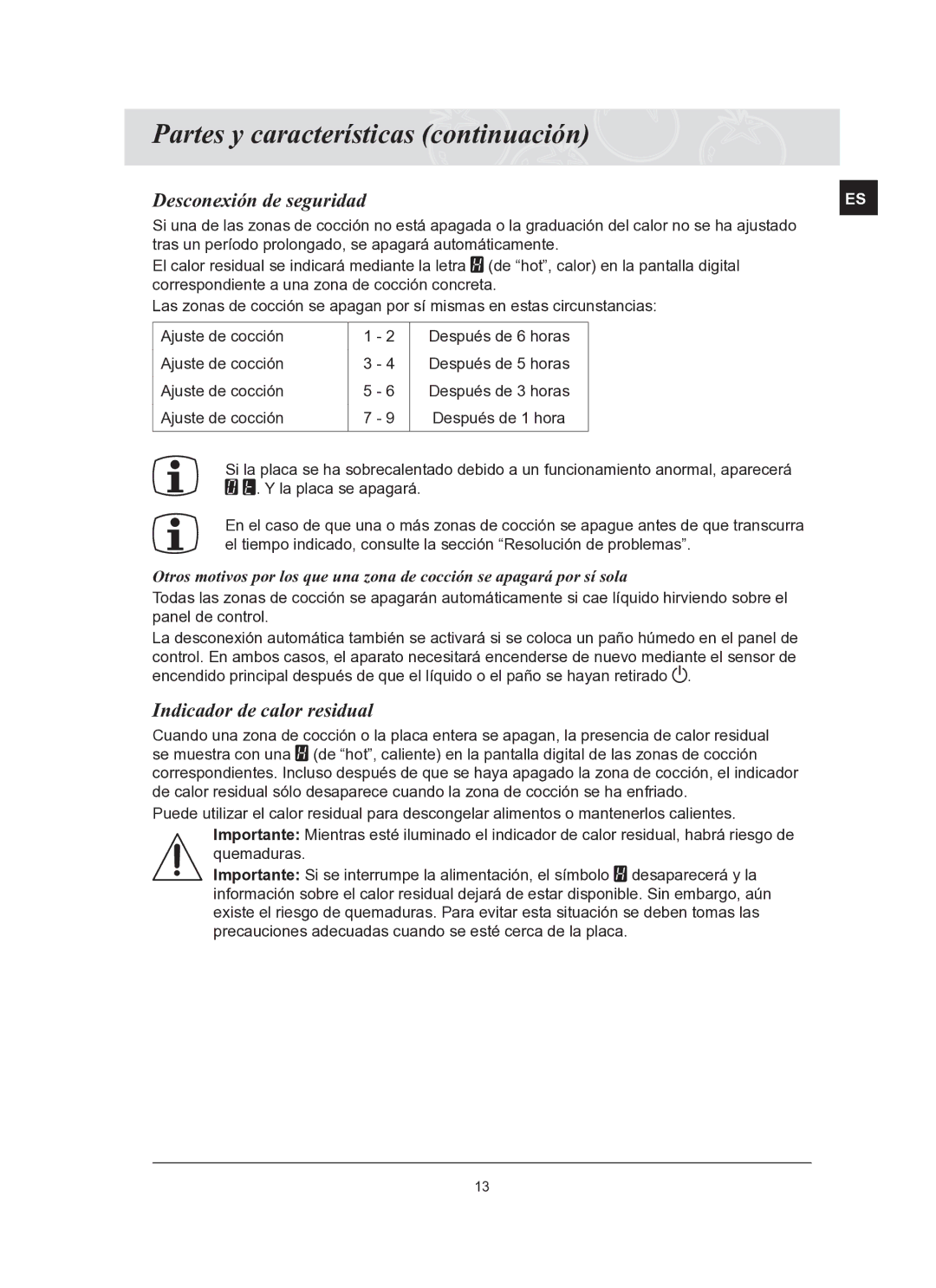 Samsung C61R2ACN/XEC manual Desconexión de seguridad, Indicador de calor residual 