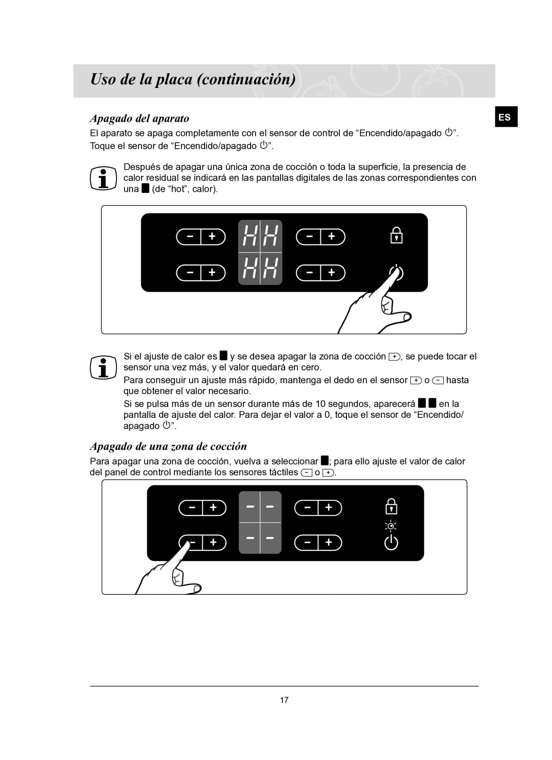 Samsung C61R2ACN/XEC manual Apagado del aparato, Apagado de una zona de cocción 