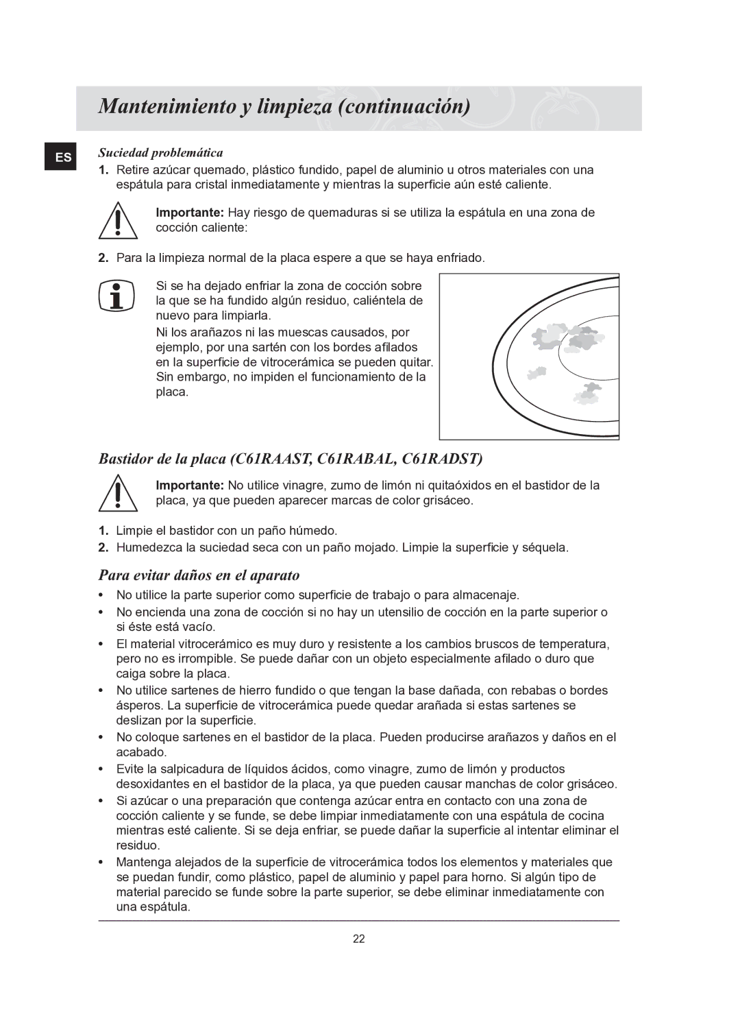 Samsung C61R2ACN/XEC manual Mantenimiento y limpieza continuación, Bastidor de la placa C61RAAST, C61RABAL, C61RADST 