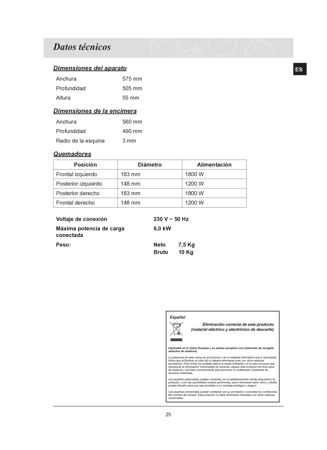 Samsung C61R2ACN/XEC manual Datos técnicos, Quemadores 