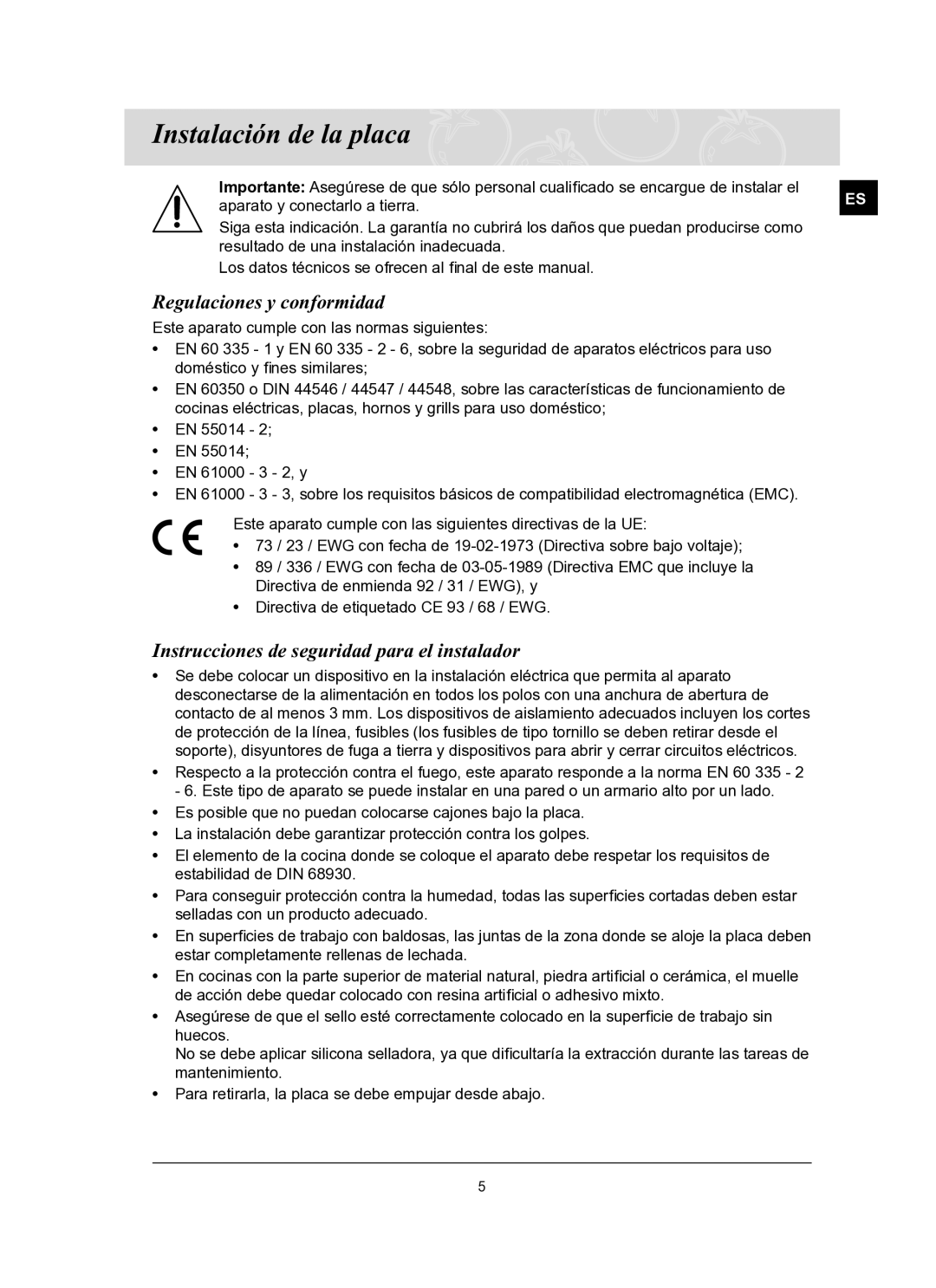 Samsung C61R2ACN/XEC Instalación de la placa, Regulaciones y conformidad, Instrucciones de seguridad para el instalador 