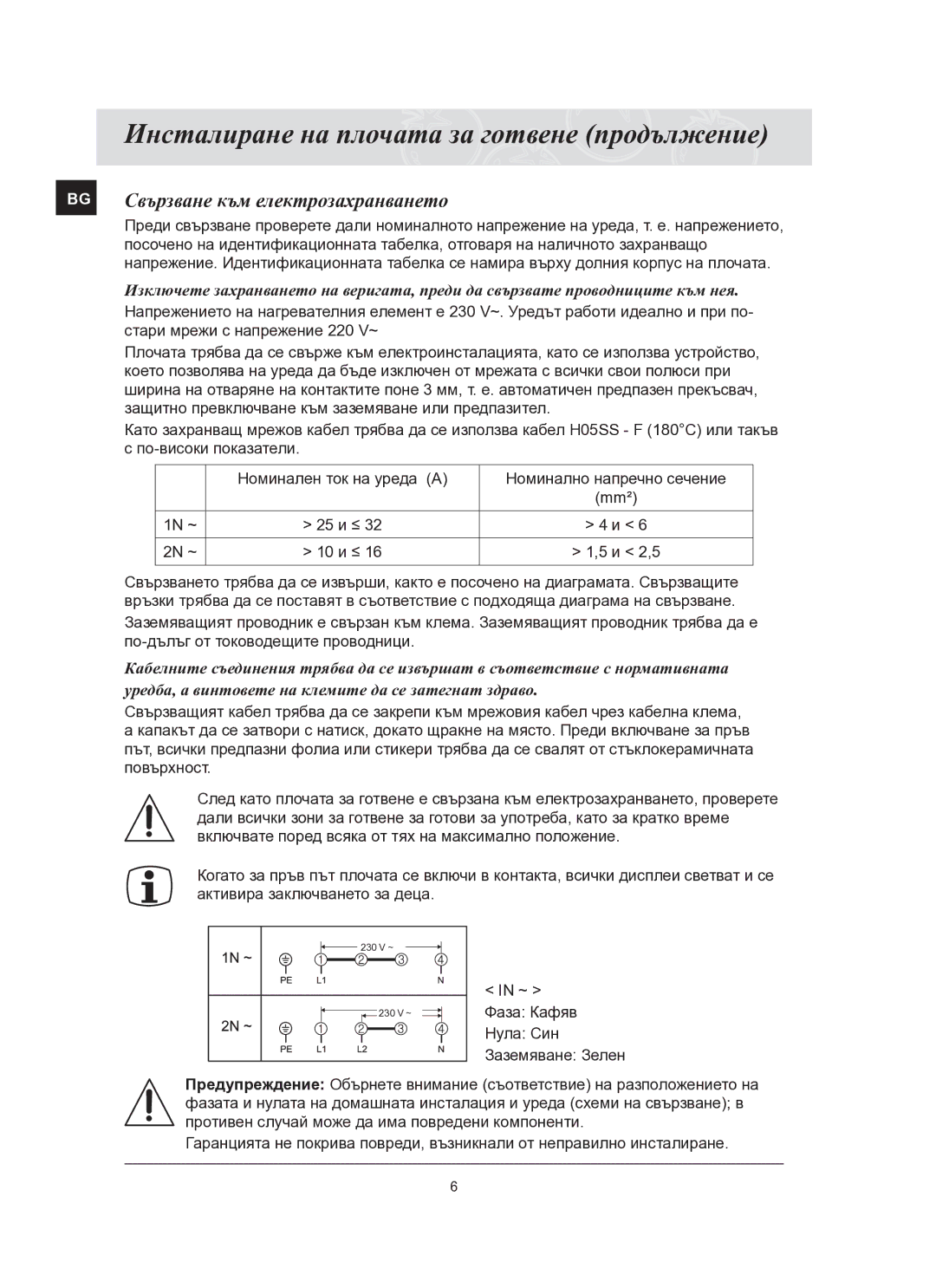 Samsung C61R2AEE/BOL manual Инсталиране на плочата за готвене продължение, BG Свързване към електрозахранването 