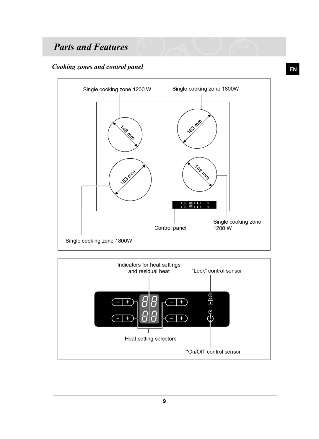 Samsung C61R2AEE/BOL manual Parts and Features, Cooking zones and control panel 