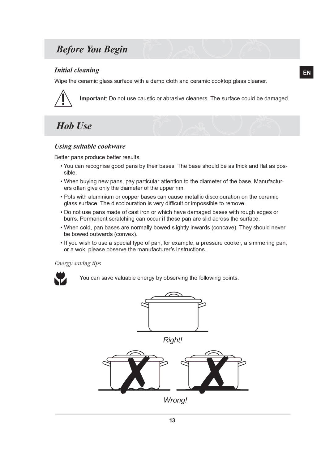 Samsung C61R2AEE/BOL manual Before You Begin, Hob Use, Initial cleaning, Using suitable cookware, Energy saving tips 