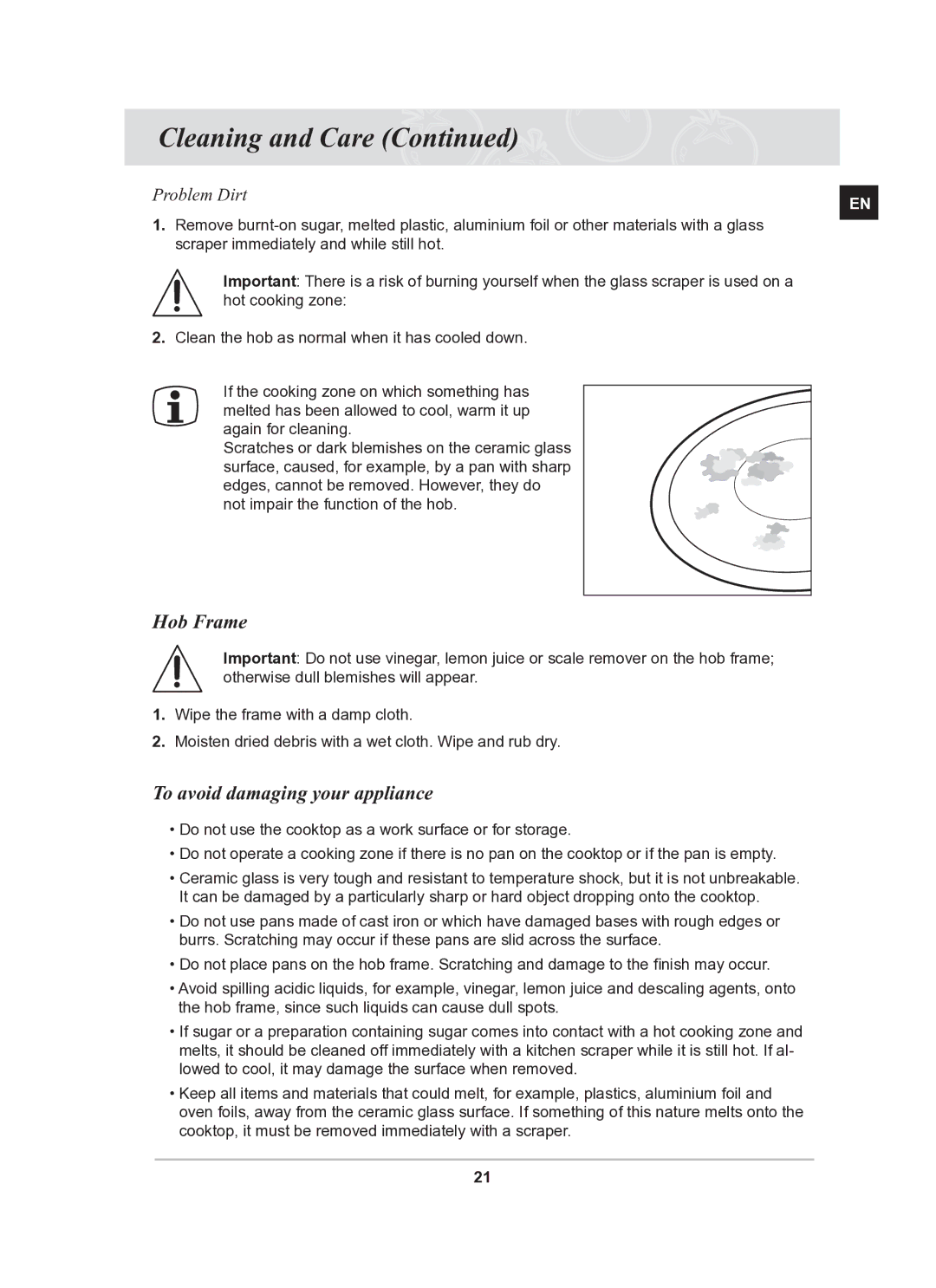 Samsung C61R2AEE/BOL manual Hob Frame, To avoid damaging your appliance 