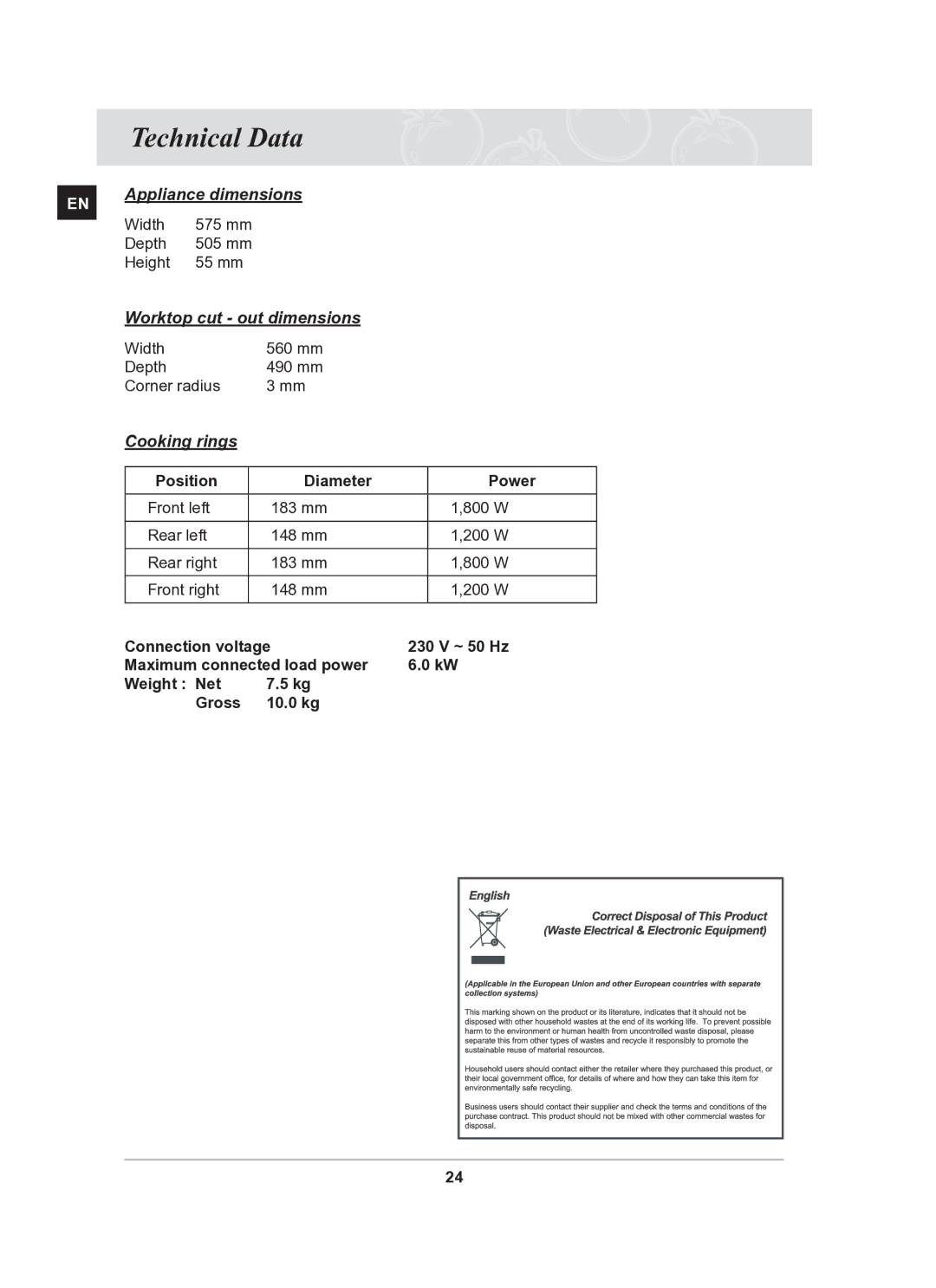 Samsung C61R2AEE/BOL manual Technical Data, Cooking rings 