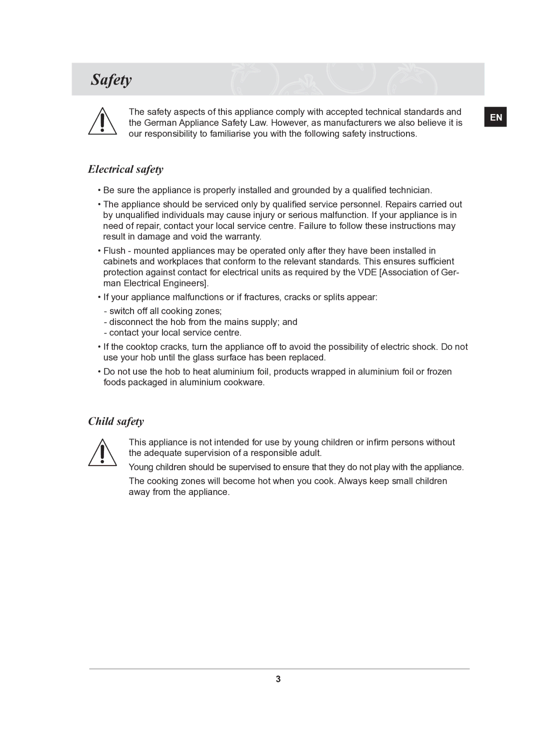 Samsung C61R2AEE/BOL manual Safety, Electrical safety, Child safety 