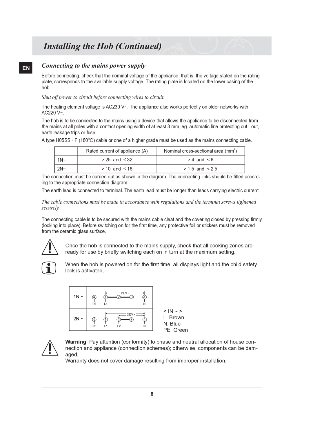 Samsung C61R2AEE/BOL manual Connecting to the mains power supply, AC220 V~ 