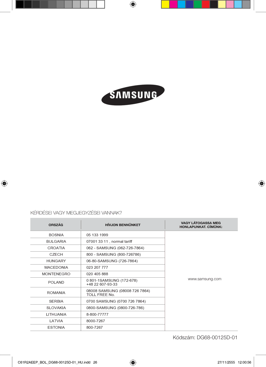 Samsung C61R2AEEP/XEH manual Kódszám DG68-00125D-01 