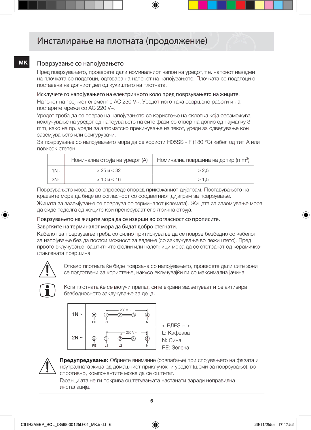 Samsung C61R2AEEP/XEH Инсталирање на плотната продолжение, MK Поврзување со напојувањето, Номинална површина на допир mm² 