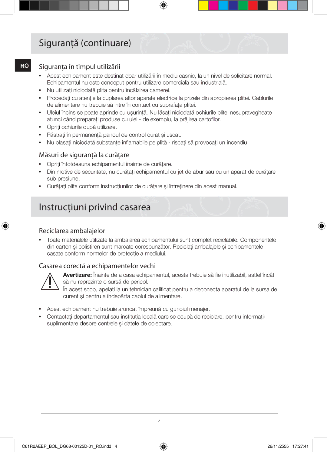 Samsung C61R2AEEP/XEH manual Siguranţă continuare, Instrucţiuni privind casarea 