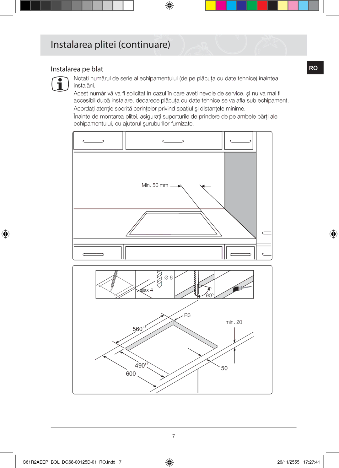 Samsung C61R2AEEP/XEH manual Instalarea pe blat, 560+1 490+1 