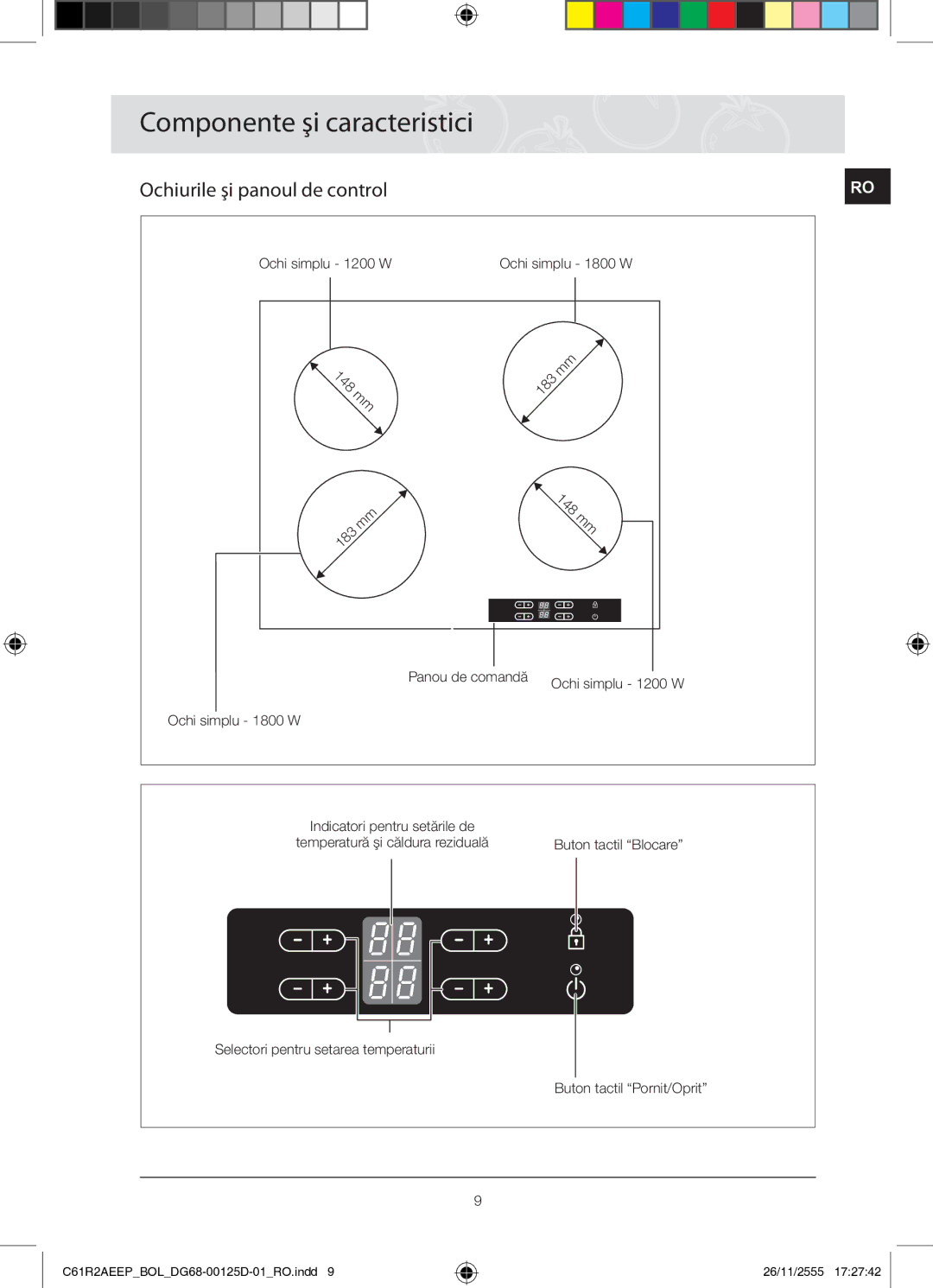 Samsung C61R2AEEP/XEH manual Componente şi caracteristici, Ochiurile şi panoul de control, 148 mm 