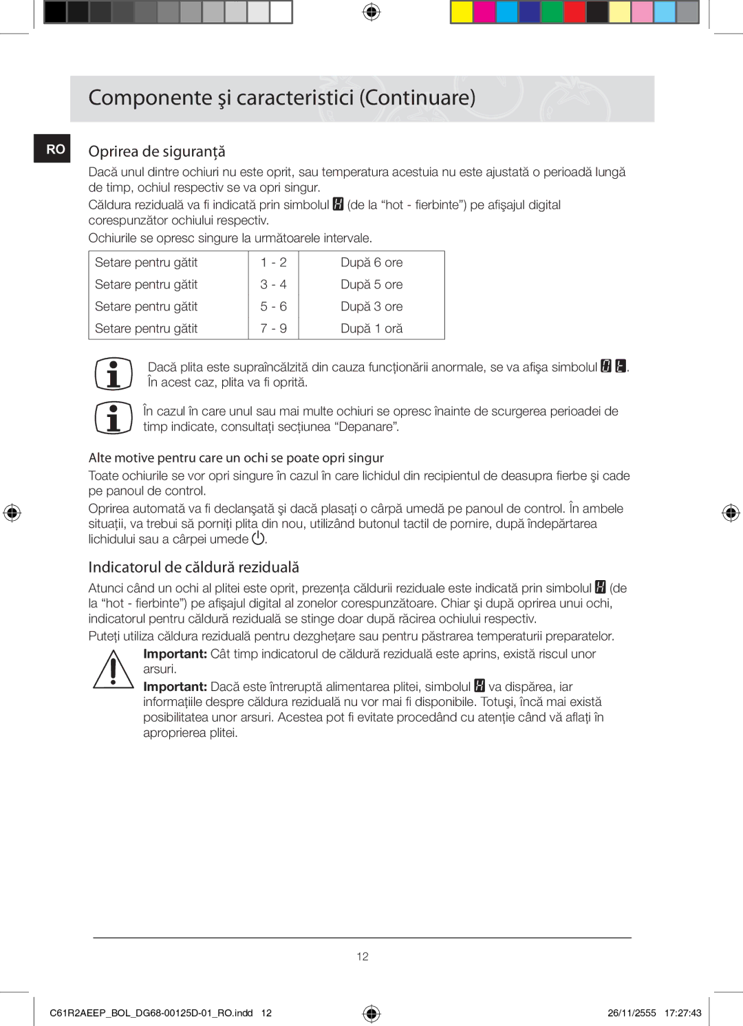 Samsung C61R2AEEP/XEH manual RO Oprirea de siguranţă, Indicatorul de căldură reziduală 