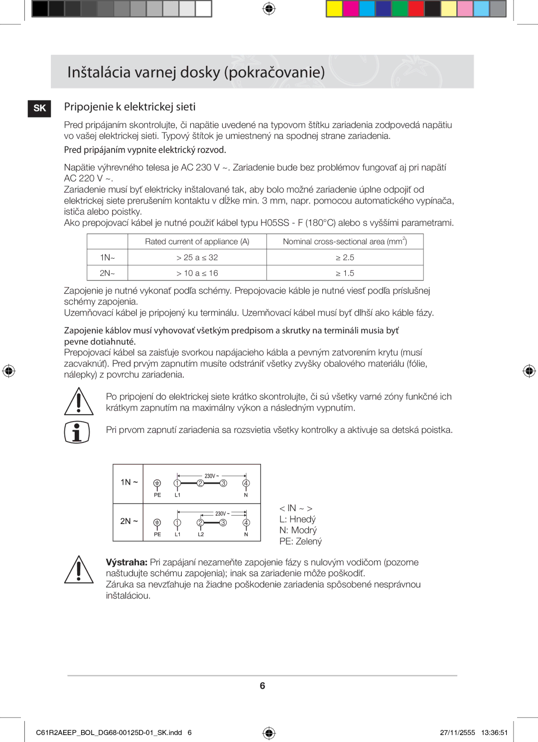 Samsung C61R2AEEP/XEH manual Inštalácia varnej dosky pokračovanie, SK Pripojenie k elektrickej sieti 