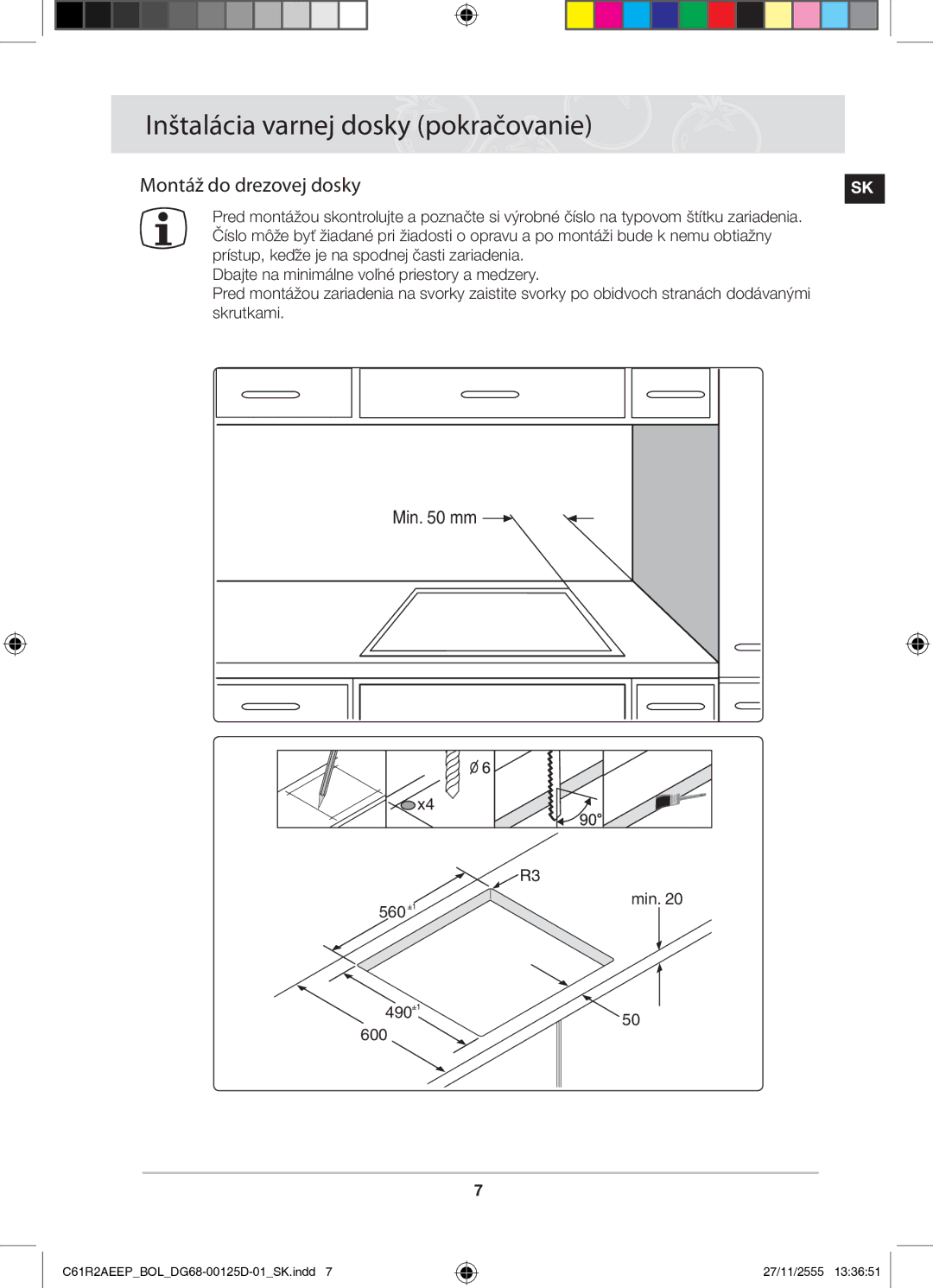 Samsung C61R2AEEP/XEH manual Montáž do drezovej dosky, Min mm 