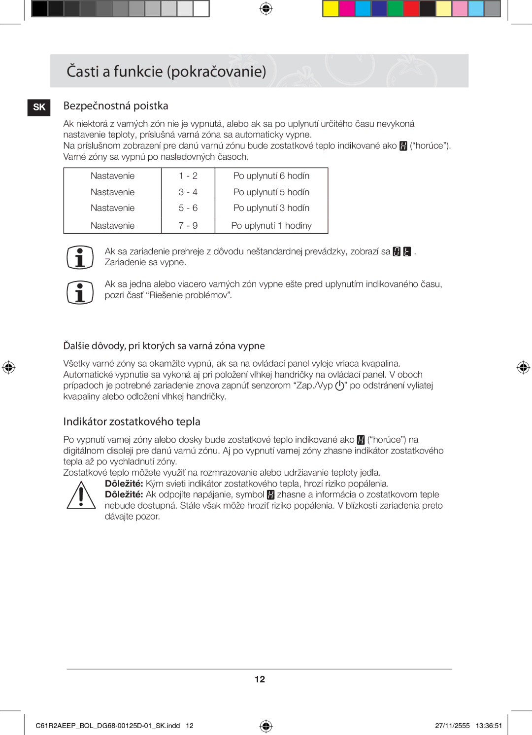 Samsung C61R2AEEP/XEH manual SK Bezpečnostná poistka, Indikátor zostatkového tepla, Dávajte pozor 