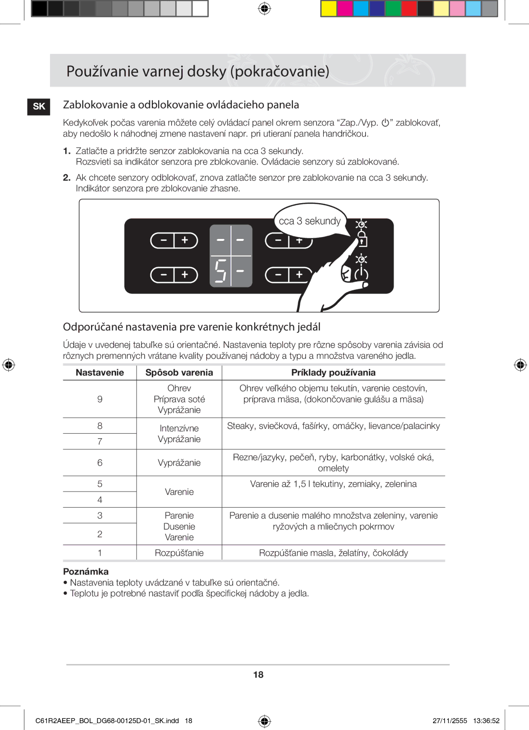 Samsung C61R2AEEP/XEH Odporúčané nastavenia pre varenie konkrétnych jedál, Nastavenie Spôsob varenia Príklady používania 