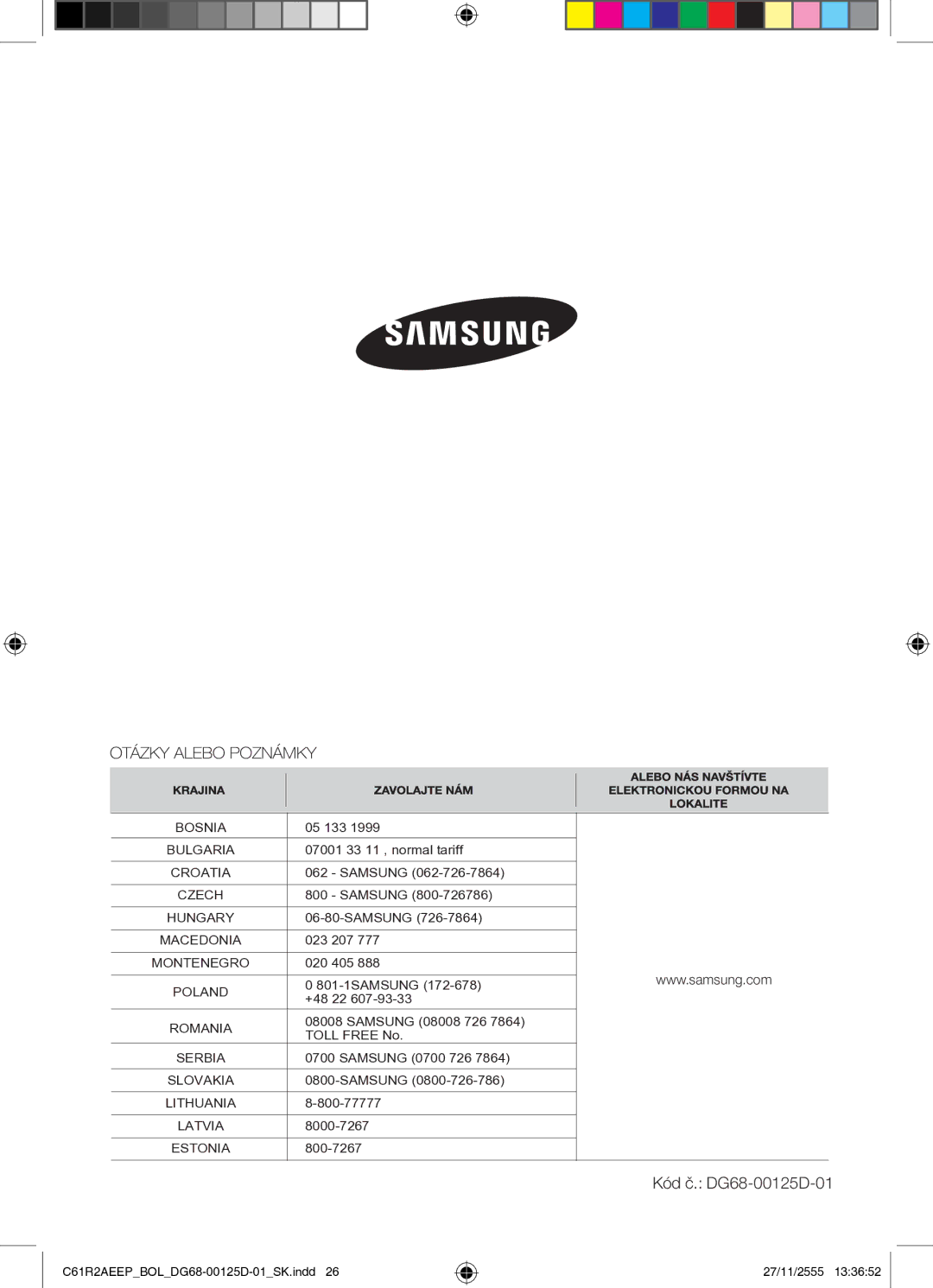 Samsung C61R2AEEP/XEH manual Kód č. DG68-00125D-01 