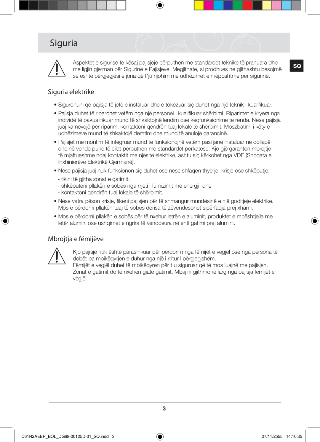 Samsung C61R2AEEP/XEH manual Siguria elektrike, Mbrojtja e fëmijëve 