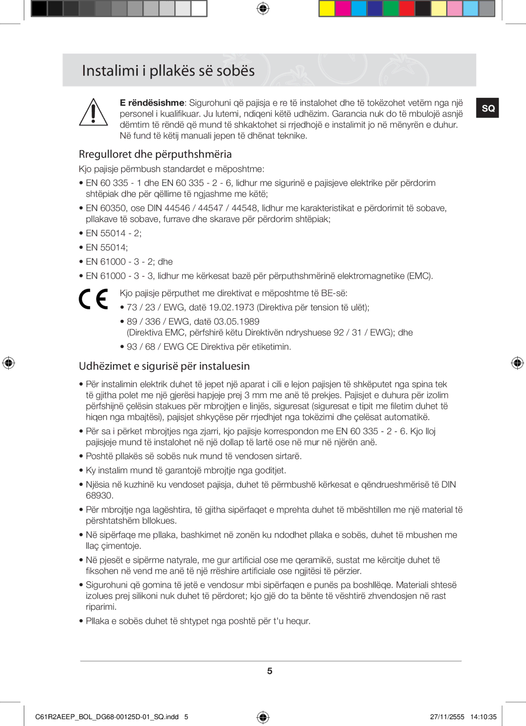 Samsung C61R2AEEP/XEH Instalimi i pllakës së sobës, Rregulloret dhe përputhshmëria, Udhëzimet e sigurisë për instaluesin 