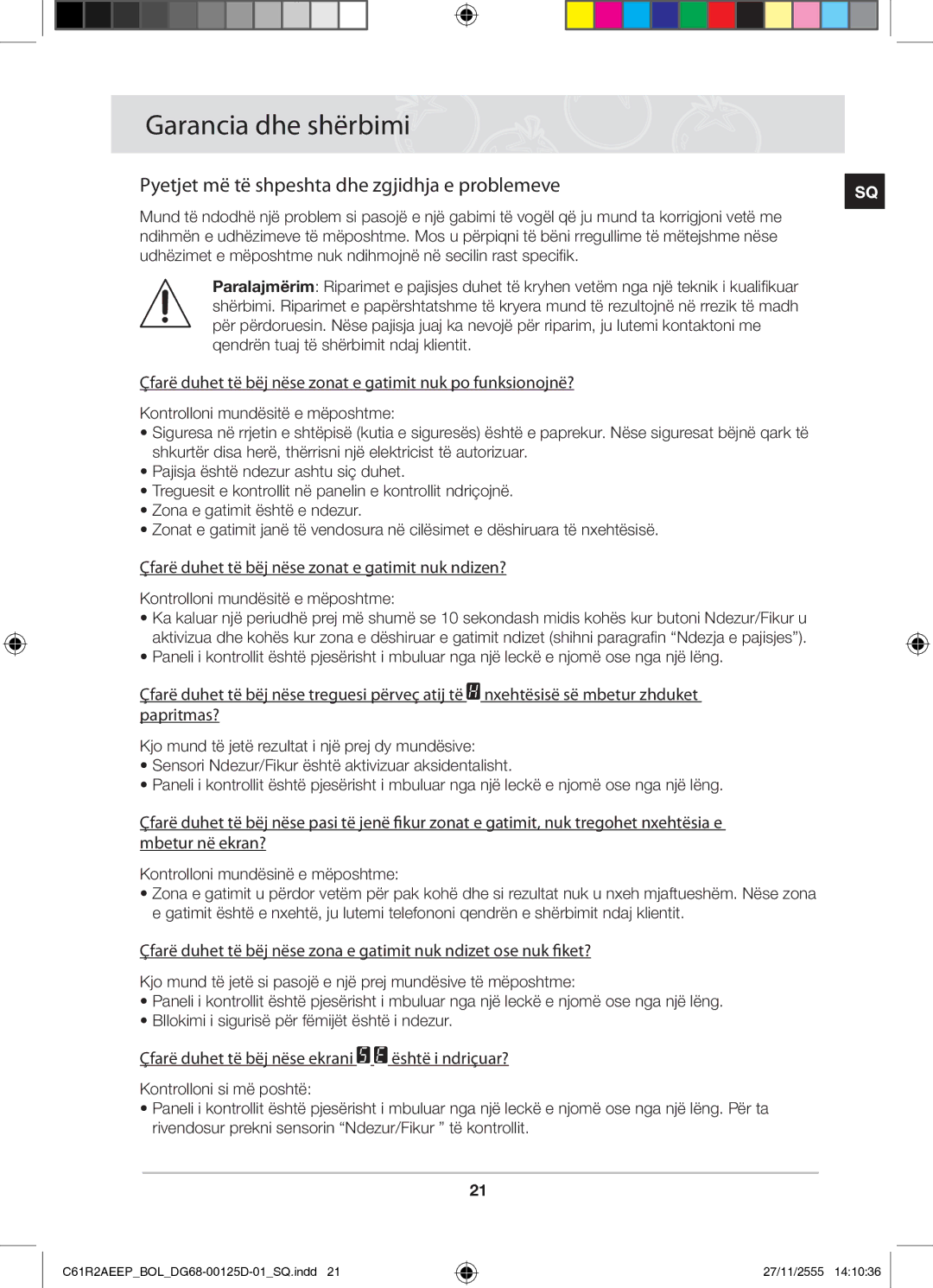 Samsung C61R2AEEP/XEH manual Garancia dhe shërbimi, Pyetjet më të shpeshta dhe zgjidhja e problemeve 