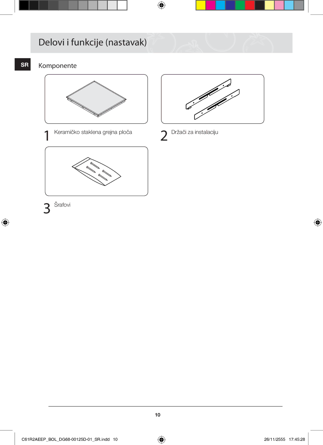 Samsung C61R2AEEP/XEH manual Delovi i funkcije nastavak, SR Komponente, Keramičko staklena grejna ploča, Šrafovi 