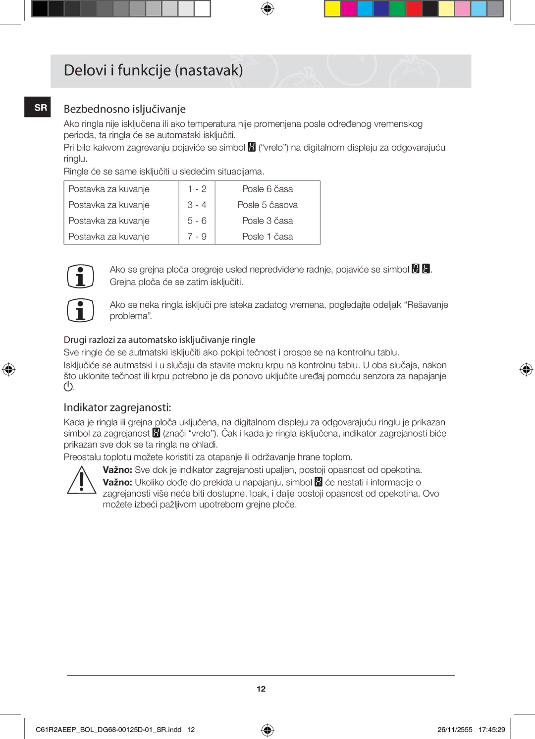 Samsung C61R2AEEP/XEH manual SR Bezbednosno isljučivanje, Indikator zagrejanosti 