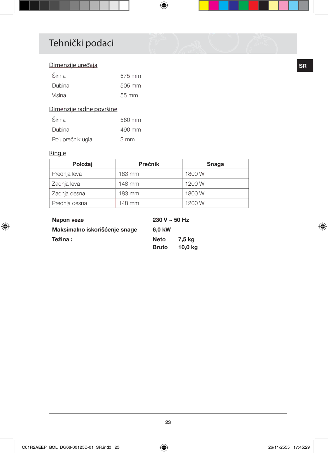 Samsung C61R2AEEP/XEH manual Dimenzije uređaja, Ringle, Položaj Prečnik Snaga 