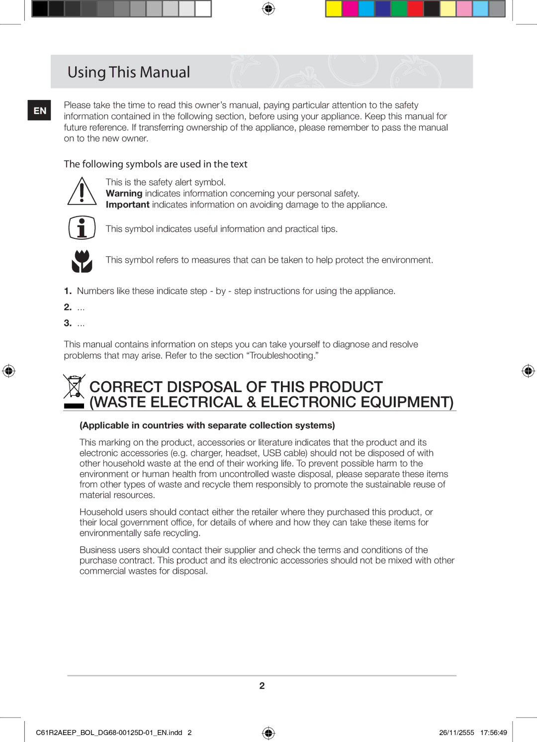 Samsung C61R2AEEP/XEH manual Using This Manual, Following symbols are used in the text, On to the new owner 