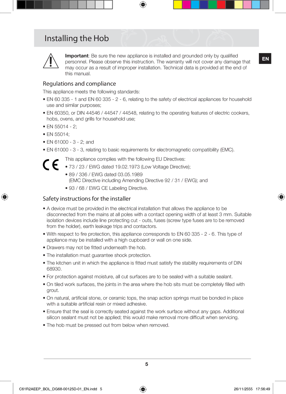 Samsung C61R2AEEP/XEH manual Installing the Hob, Regulations and compliance, Safety instructions for the installer 