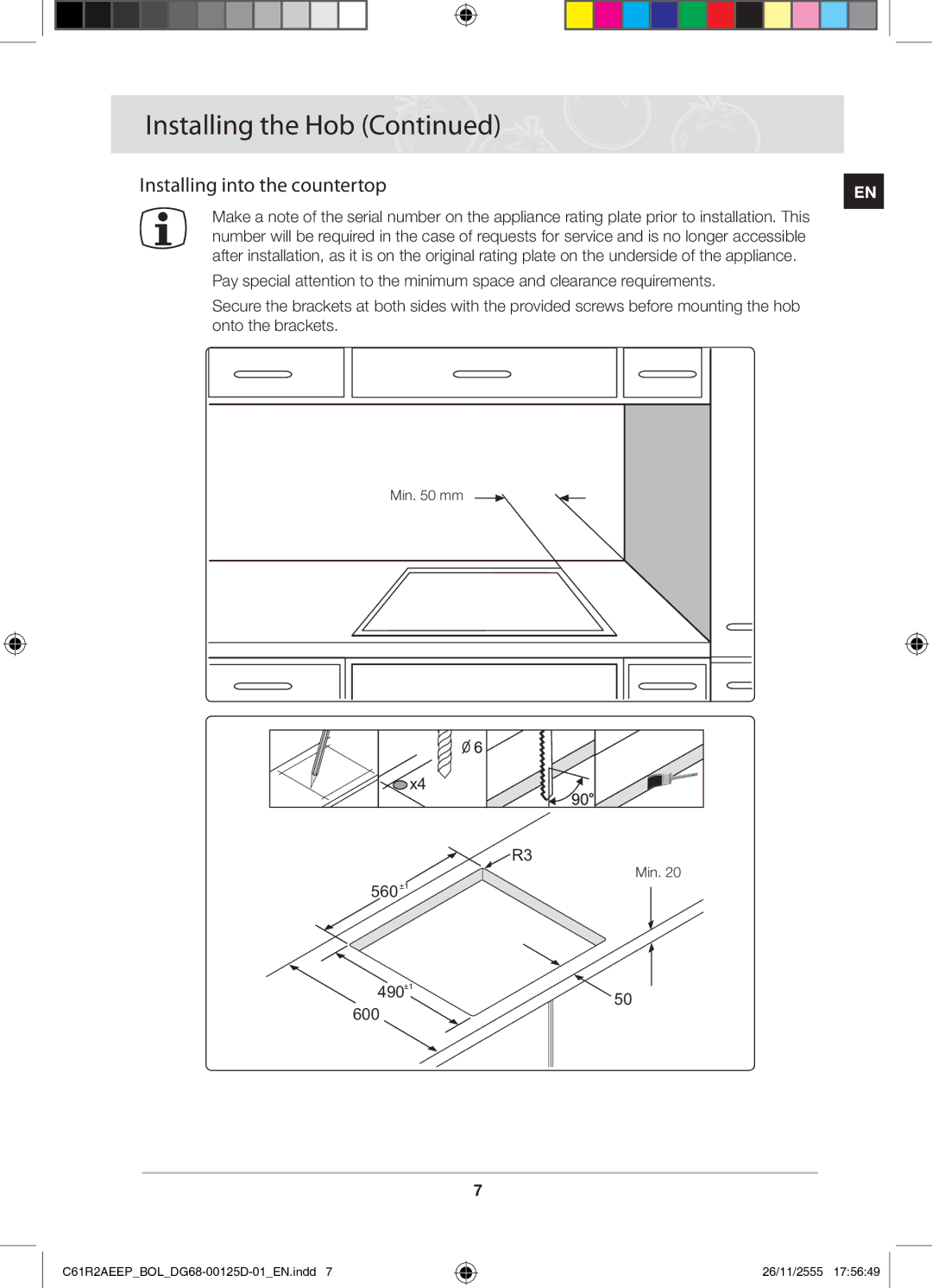 Samsung C61R2AEEP/XEH manual Installing into the countertop, 560 +1 490 +1 600 