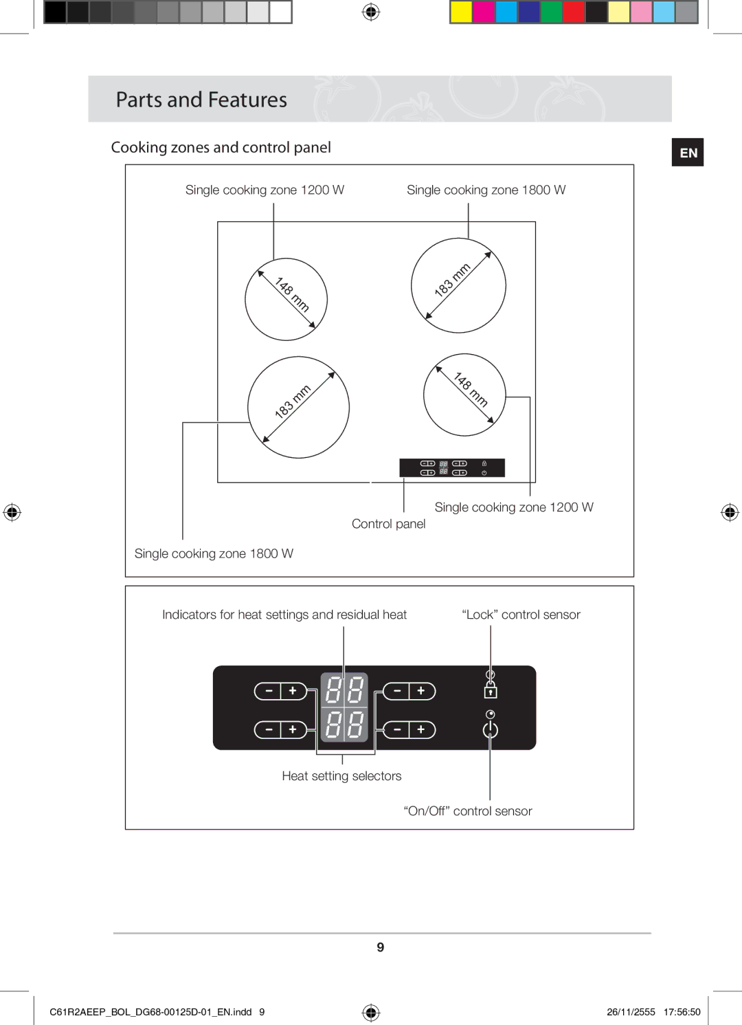 Samsung C61R2AEEP/XEH Parts and Features, Cooking zones and control panel, Heat setting selectors On/Off control sensor 