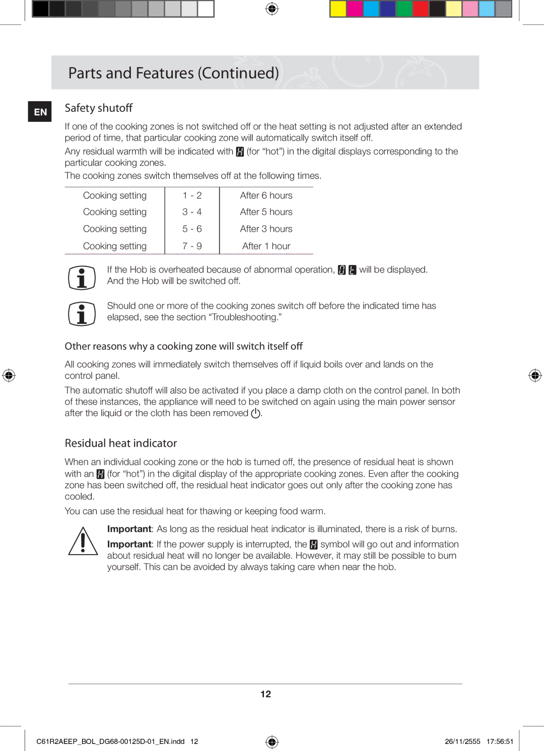 Samsung C61R2AEEP/XEH Safety shutoff, Residual heat indicator, Other reasons why a cooking zone will switch itself off 