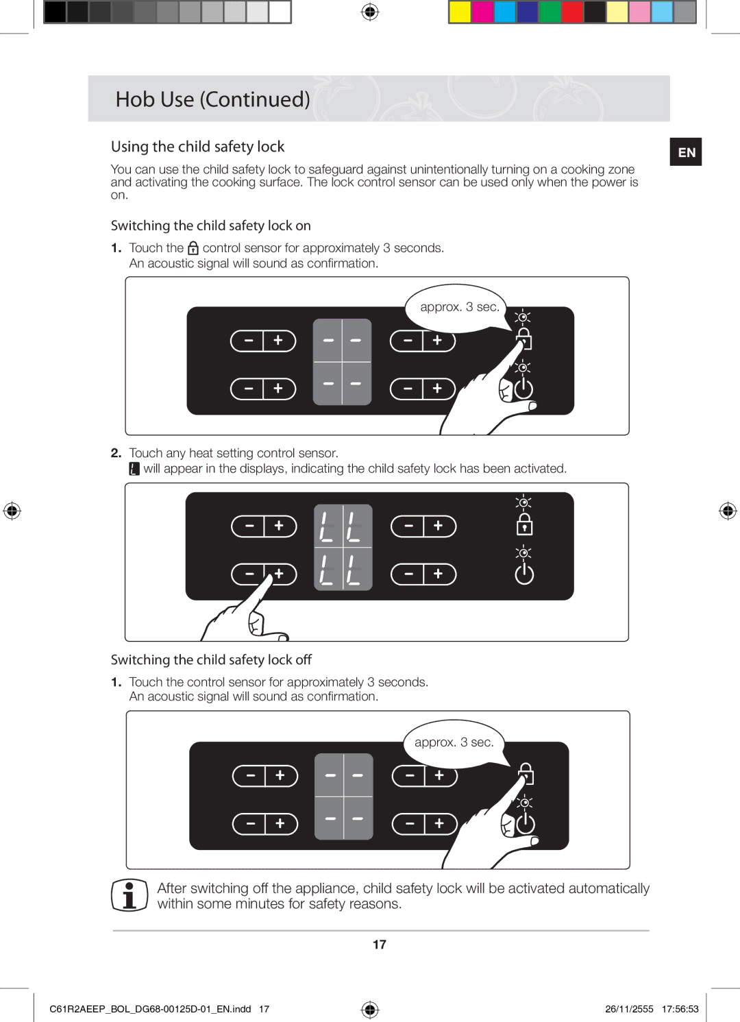 Samsung C61R2AEEP/XEH Using the child safety lock, Switching the child safety lock on, Switching the child safety lock off 