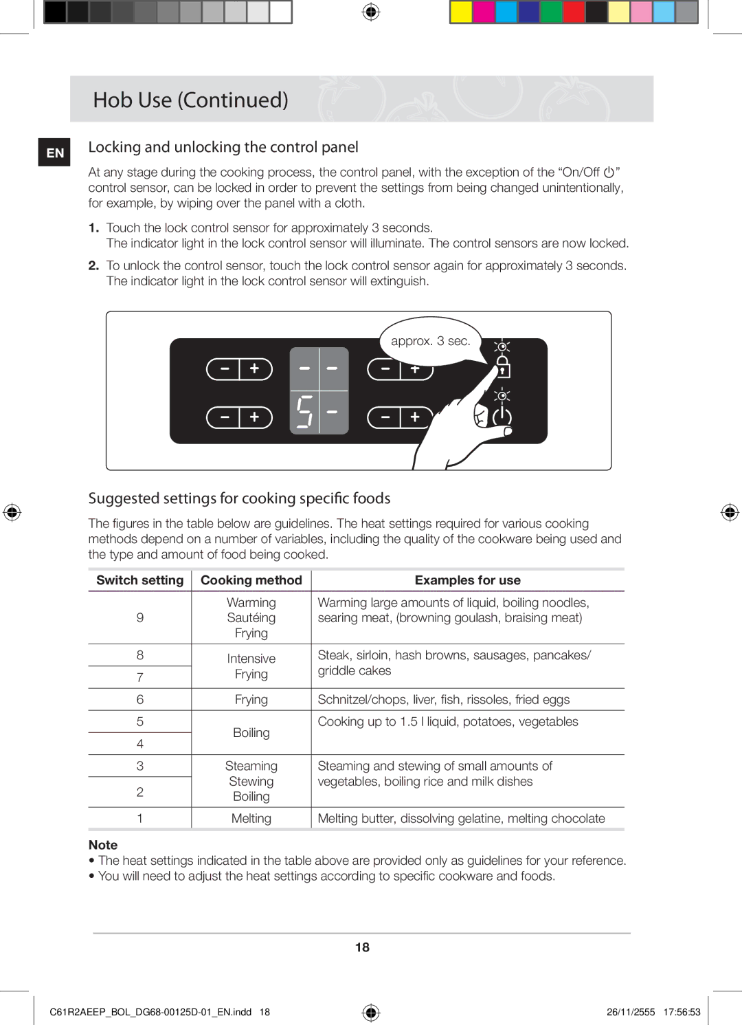 Samsung C61R2AEEP/XEH manual Locking and unlocking the control panel, Suggested settings for cooking specific foods 