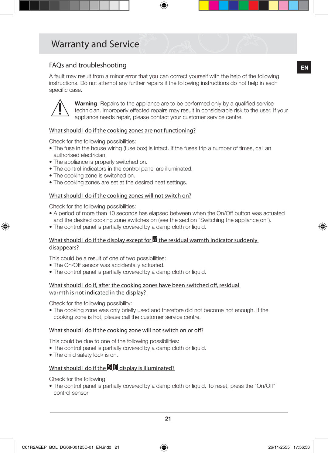 Samsung C61R2AEEP/XEH manual Warranty and Service, FAQs and troubleshooting 