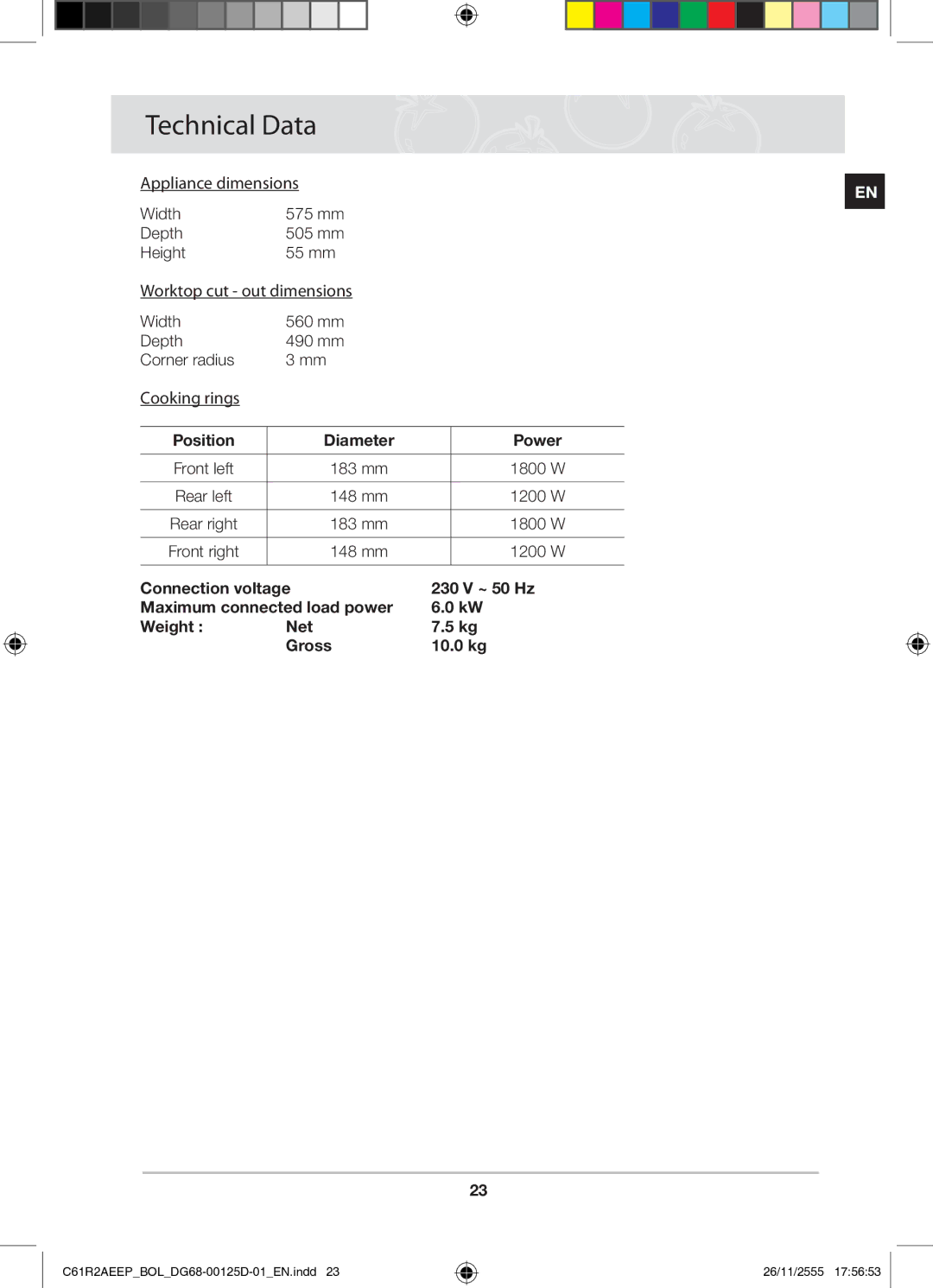 Samsung C61R2AEEP/XEH manual Technical Data, Diameter Power, Connection voltage 