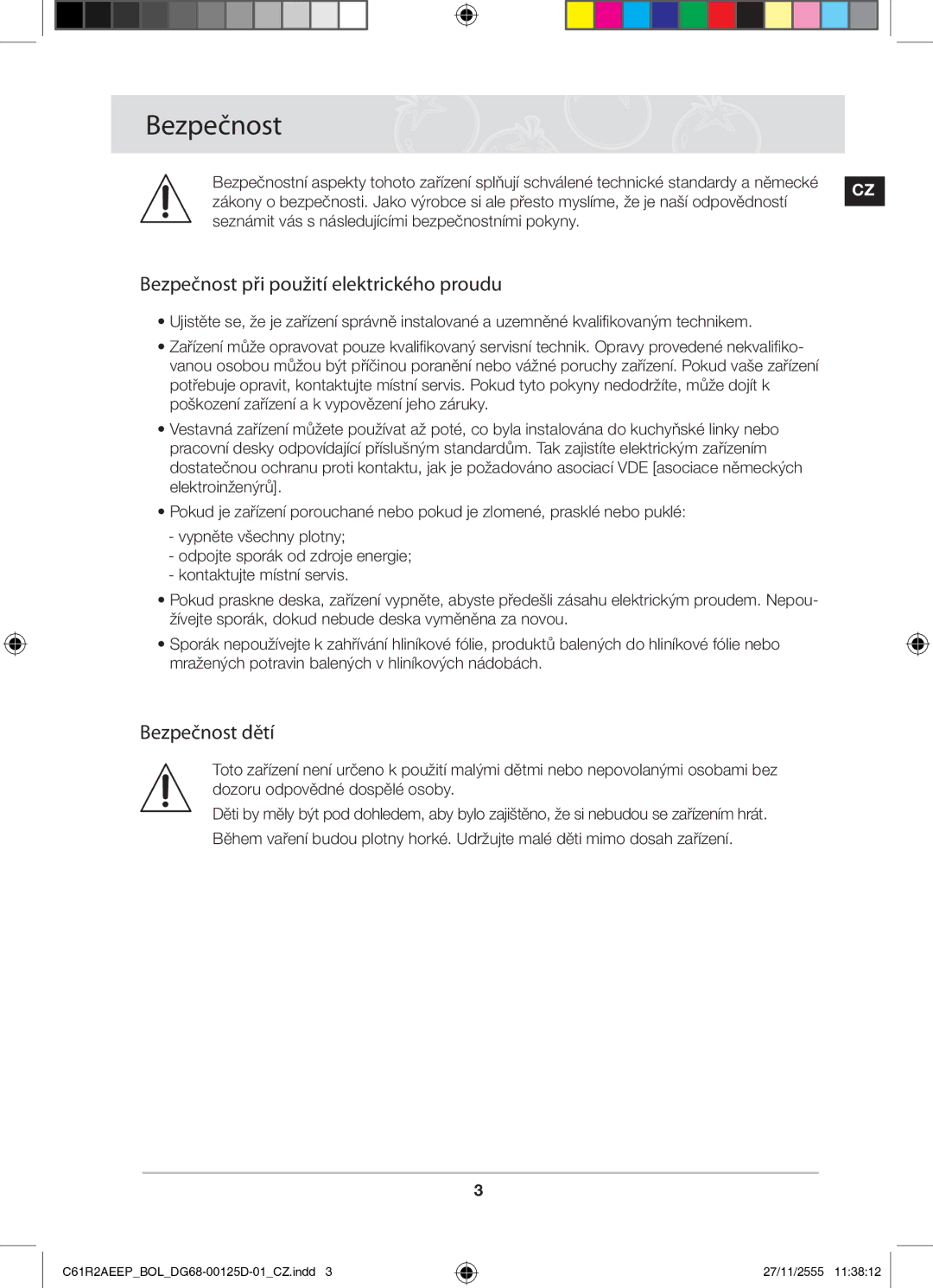 Samsung C61R2AEEP/XEH manual Bezpečnost při použití elektrického proudu, Bezpečnost dětí 