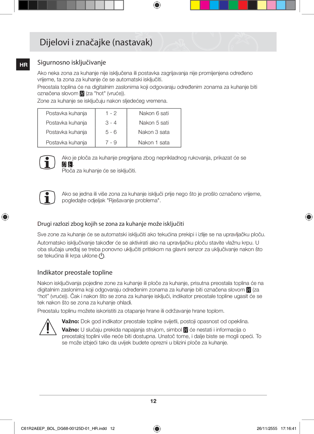 Samsung C61R2AEEP/XEH manual Sigurnosno isključivanje, Indikator preostale topline 