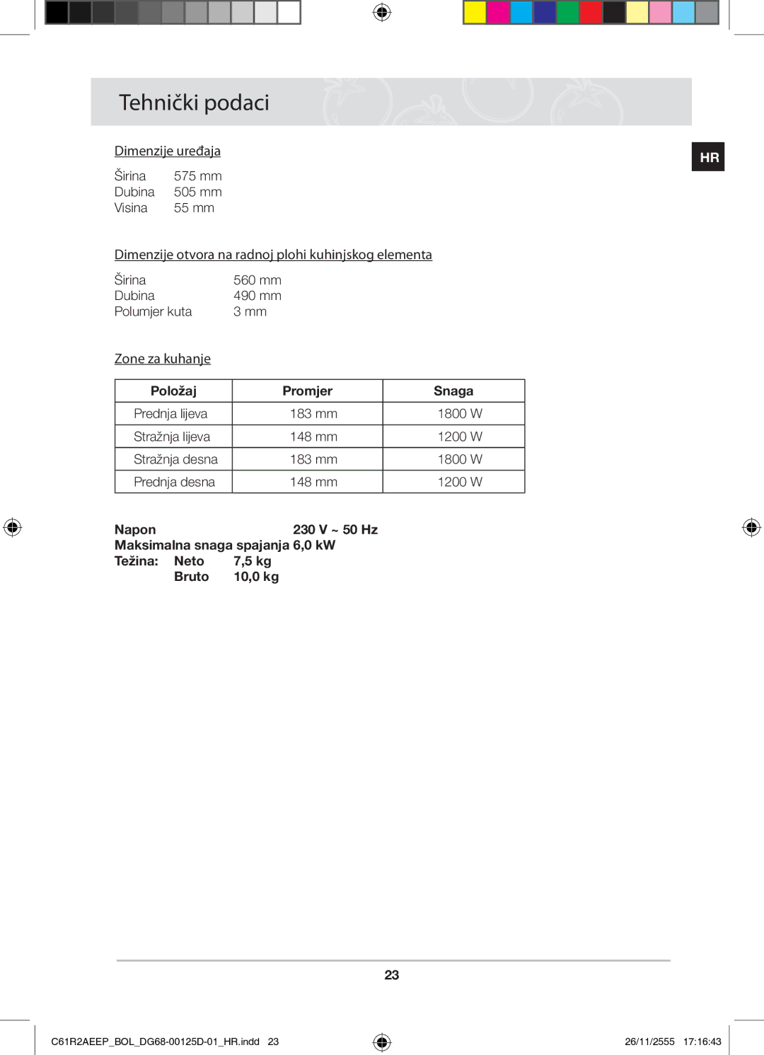 Samsung C61R2AEEP/XEH manual Tehnički podaci, Položaj Promjer Snaga 