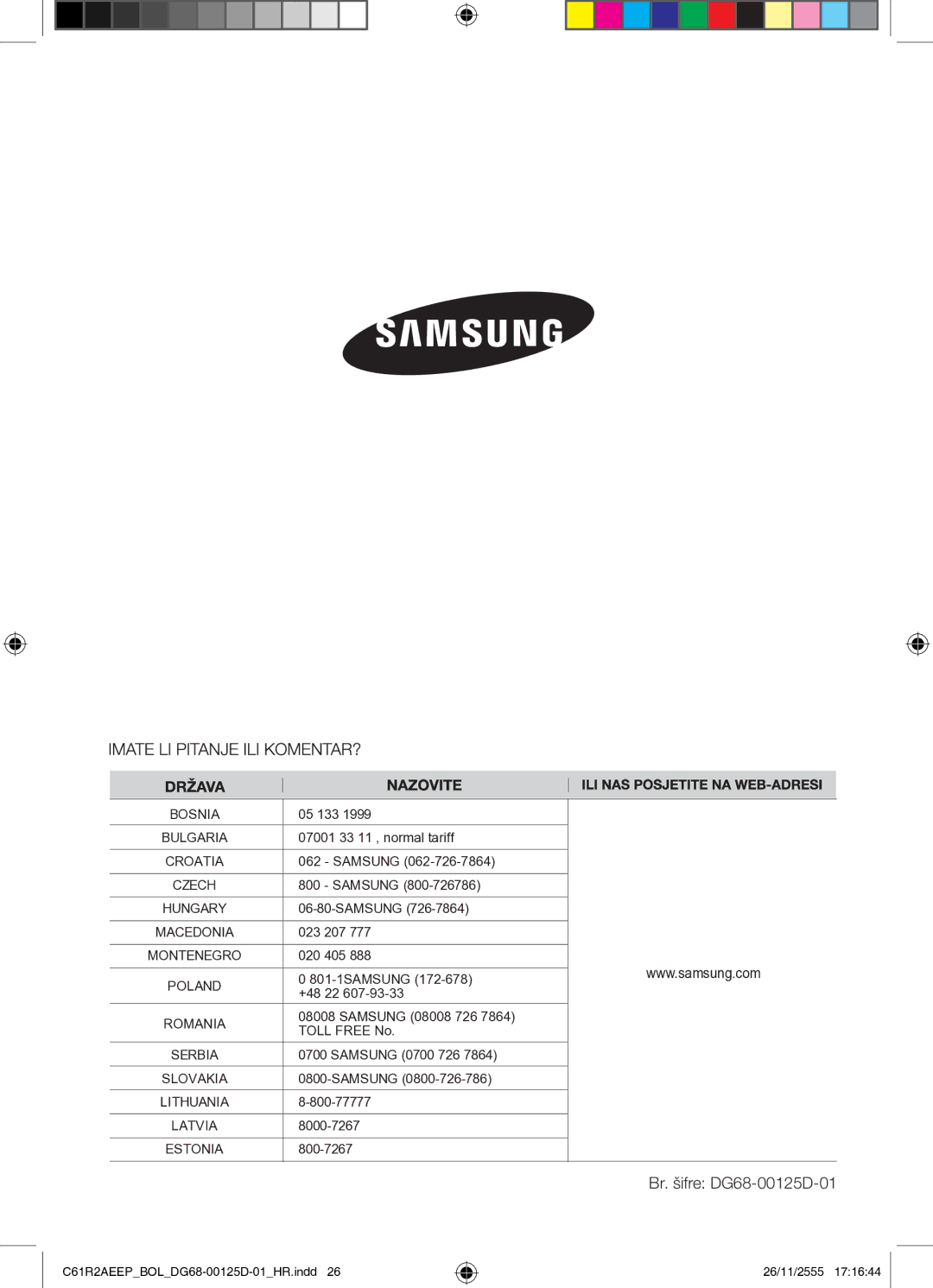 Samsung C61R2AEEP/XEH manual Br. šifre DG68-00125D-01 