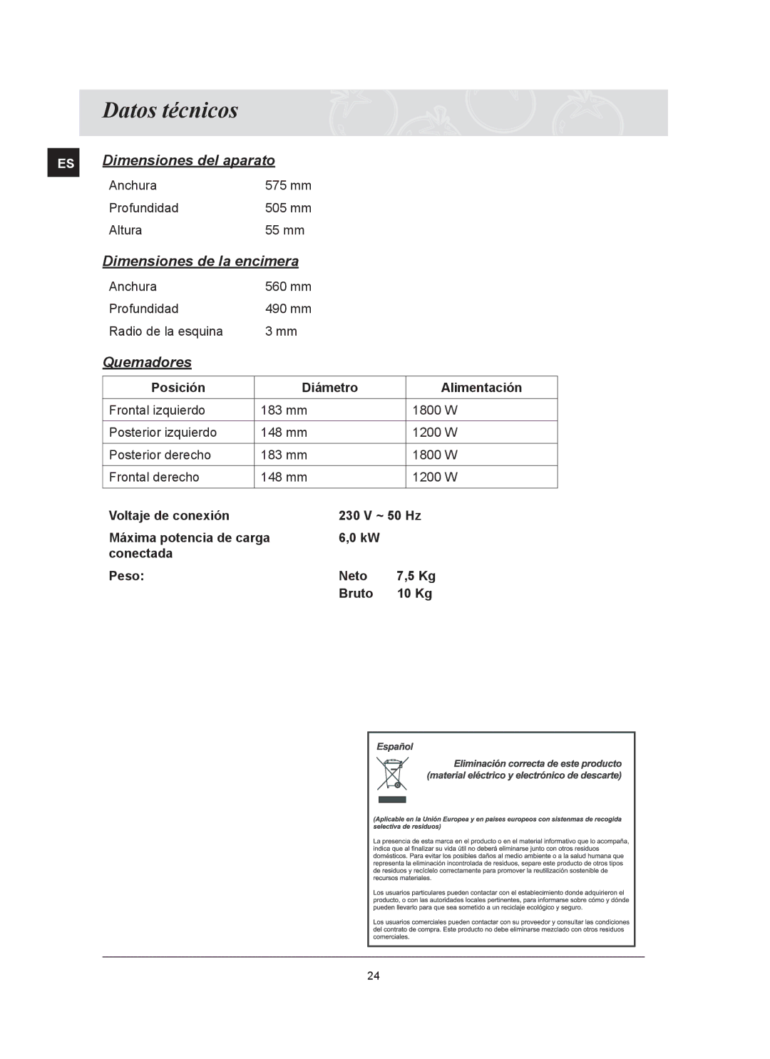 Samsung C61R2AEE/XEC, C61R2AEE/XEU manual Datos técnicos, Quemadores 